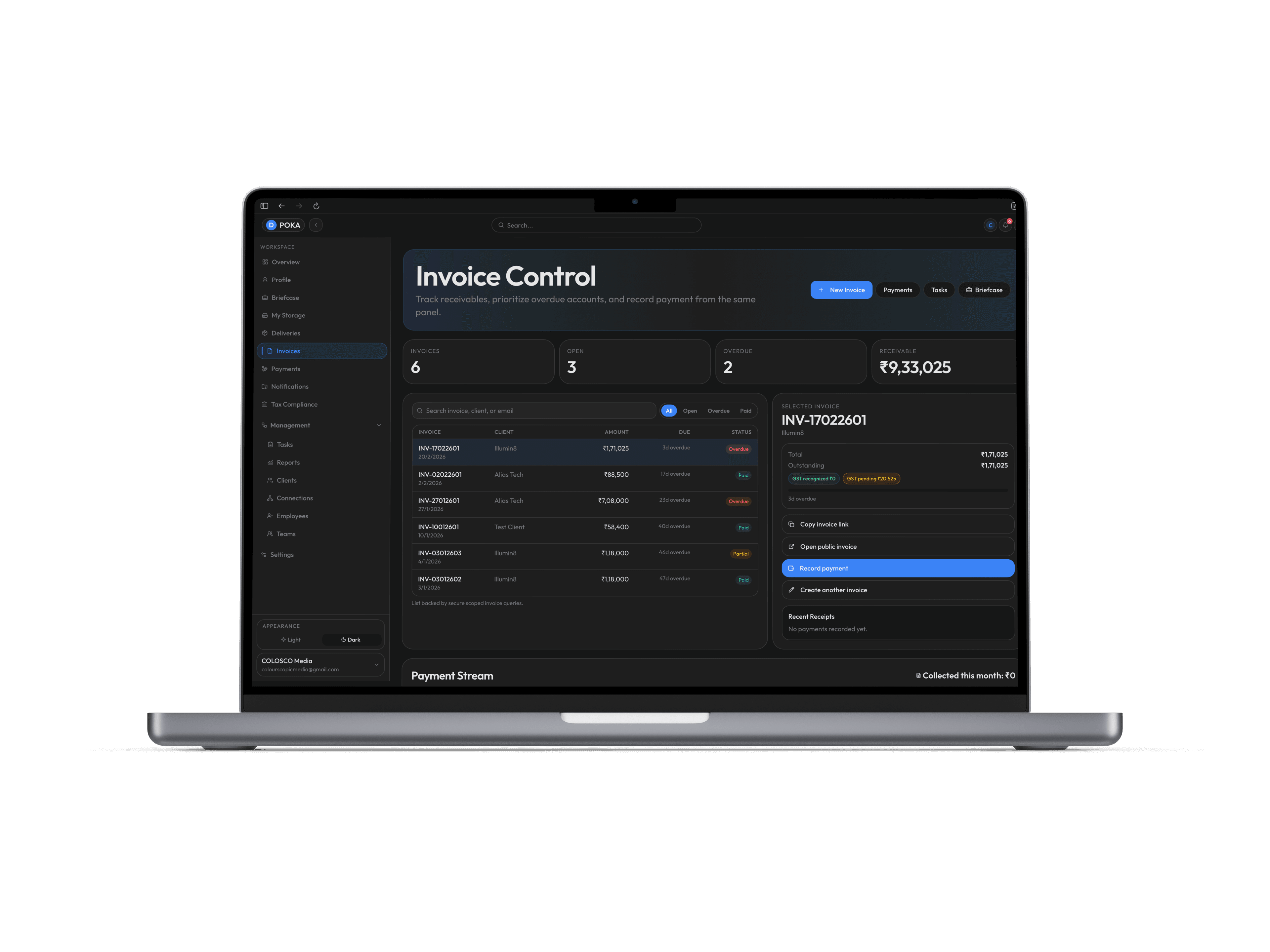 POKA Bizz invoice and operations panel